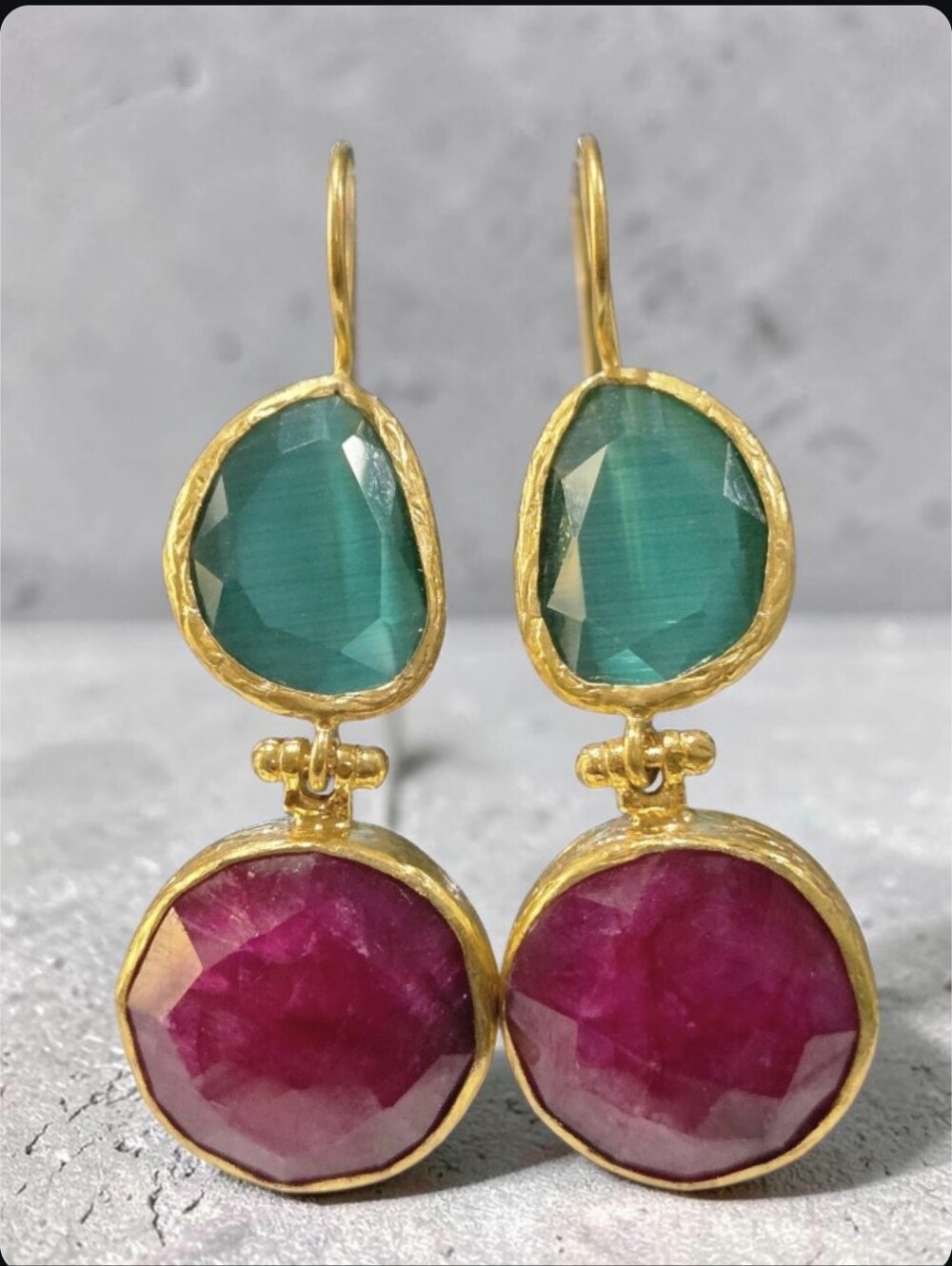 18k Gold Plated Artisan Natural Raw Genuine Ruby & Emerald Cats Eye Earrings